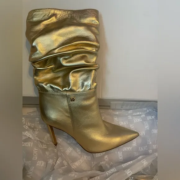 DKNY Maliza Leather Gold Slouch Pointed Toe Mid Boots