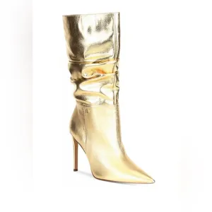 DKNY Maliza Leather Gold Slouch Pointed Toe Mid Boots