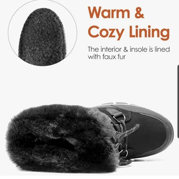 Dream Pairs Black Waterproof Boots Faux Fur, Cozy Warm Insulated Size 8