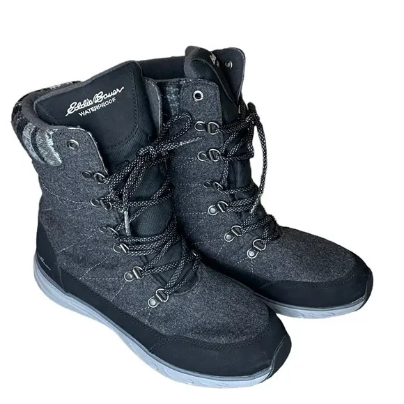 Eddie Bauer Waterproof Laurel Lace‎ Boots Size 9 Dark Smoke Black Grey Snow Moon