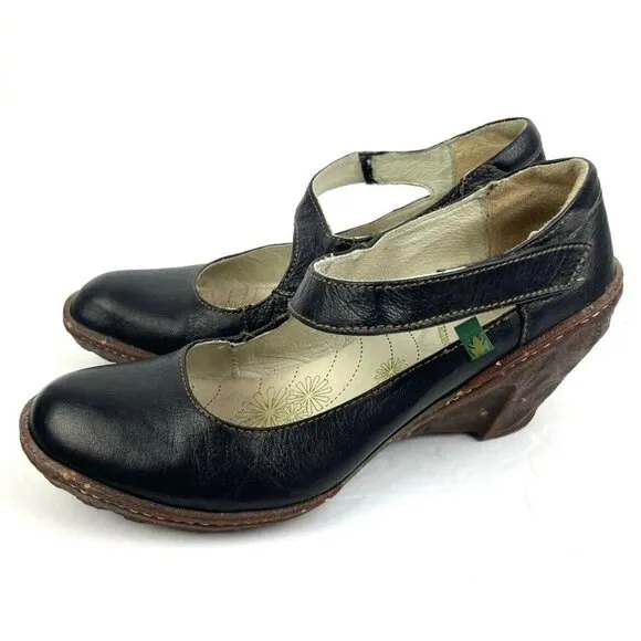 El Naturalista Ambar Jilly Wedge Shoes 40 Black Leather Comfort Womens