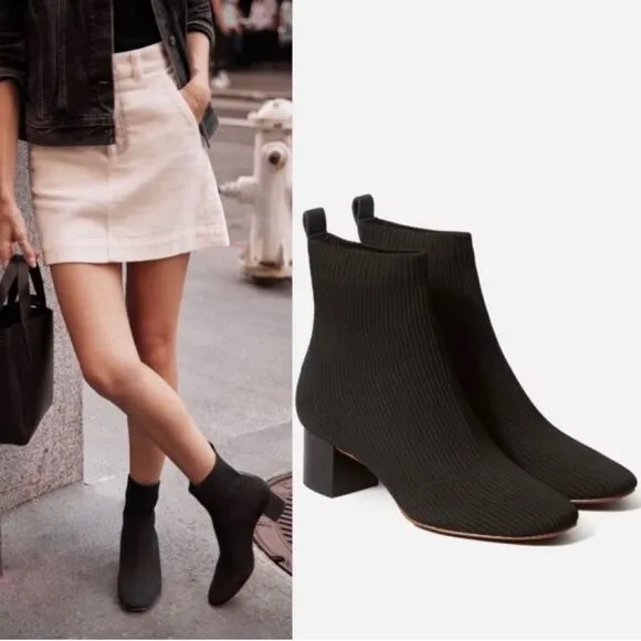 Everlane The Glove Boot Rib Knit Ankle Sock Boots Size 7 ReKnit Black Block Heel