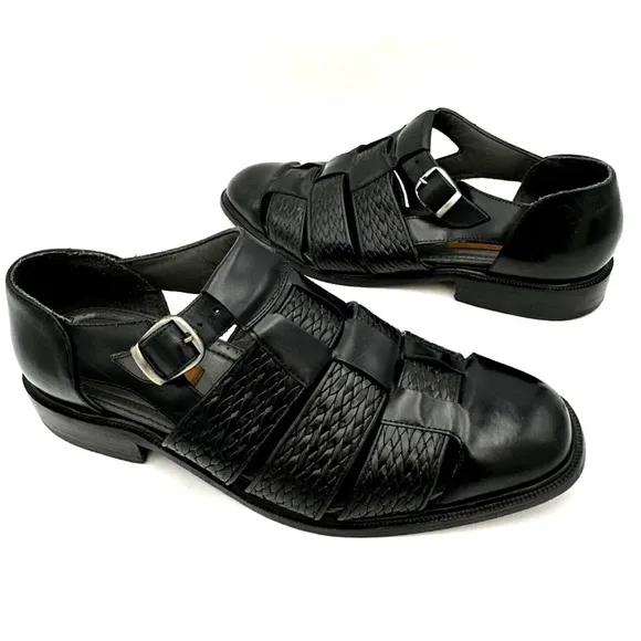 Florsheim Fisherman Sandal Mens Black Leather Huarache Closed Toe Buckle Brazil