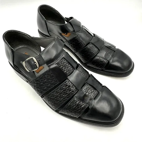 Florsheim Fisherman Sandal Mens Black Leather Huarache Closed Toe Buckle Brazil