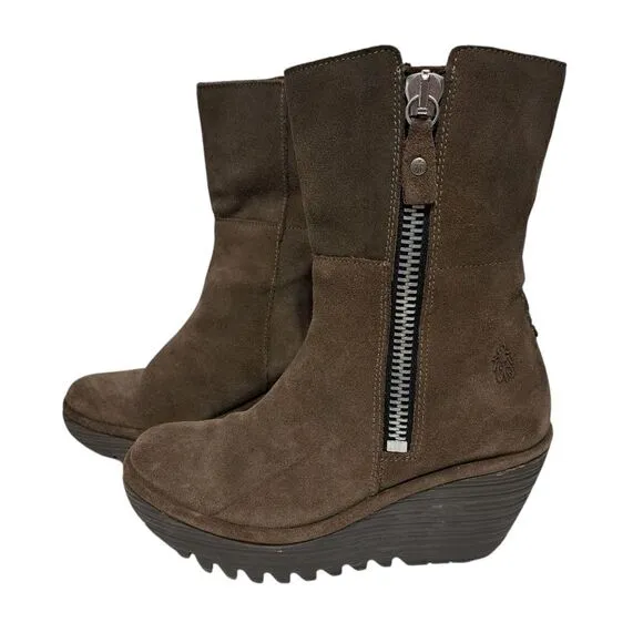 Fly London Yex Fold Over Comfy Suede Wedge Zip Ankle Boots Size 36 US 5.5 Brown