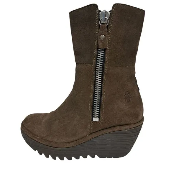 Fly London Yex Fold Over Comfy Suede Wedge Zip Ankle Boots Size 36 US 5.5 Brown