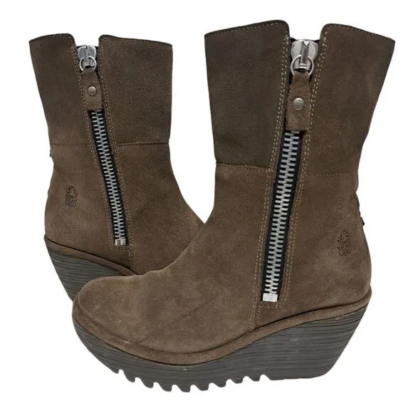 Fly London Yex Fold Over Comfy Suede Wedge Zip Ankle Boots Size 36 US 5.5 Brown