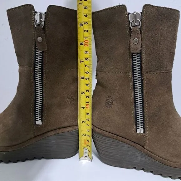 Fly London Yex Fold Over Comfy Suede Wedge Zip Ankle Boots Size 36 US 5.5 Brown