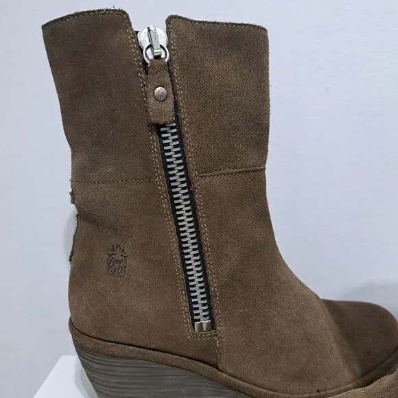 Fly London Yex Fold Over Comfy Suede Wedge Zip Ankle Boots Size 36 US 5.5 Brown