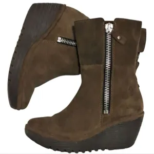 Fly London Yex Fold Over Comfy Suede Wedge Zip Ankle Boots Size 36 US 5.5 Brown