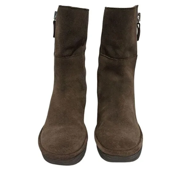 Fly London Yex Fold Over Comfy Suede Wedge Zip Ankle Boots Size 36 US 5.5 Brown