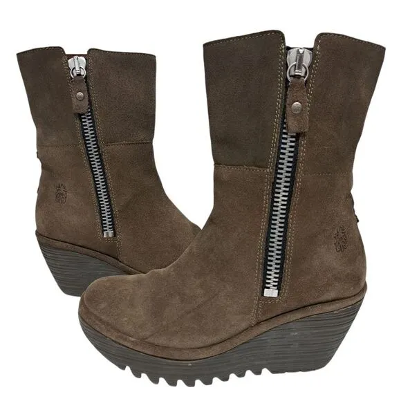 Fly London Yex Fold Over Comfy Suede Wedge Zip Ankle Boots Size 36 US 5.5 Brown