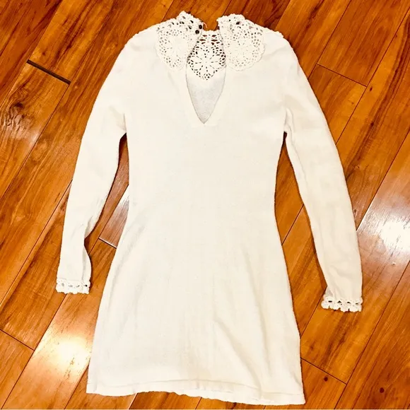 Free People boho sweater knit antique white ivory dress small cottage we