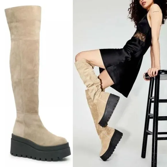 Free People London Calling Wedge Over-the-Knee Boots Size 37 7 Stone Suede NEW