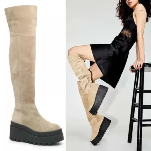 Free People London Calling Wedge Over-the-Knee Boots Size 37 7 Stone Suede NEW