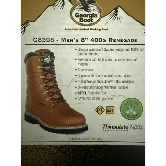 Georgia Boot Mens 8&quot; Renegade 400G Waterproof Steel Toe Work G8398 Size 9