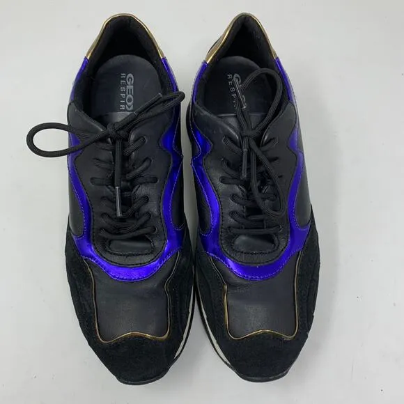 Geox Women's Size 7 US Leather Lace Up Euro Chunky Sneakers Shoes Black Comfort