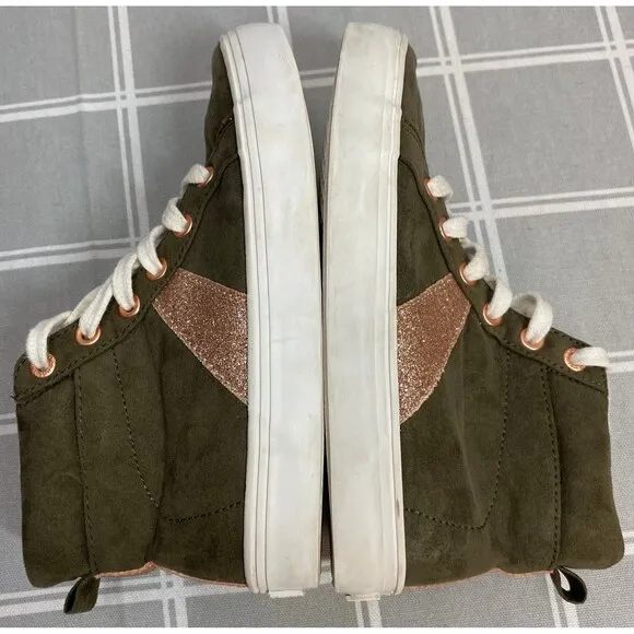 Girls Sz 12 Old Navy Olive &amp; Rose Gold Sparkle &amp; Eyelets Lace up Sneakers Shoes