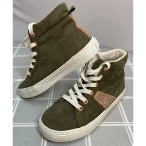 Girls Sz 12 Old Navy Olive &amp; Rose Gold Sparkle &amp; Eyelets Lace up Sneakers Shoes