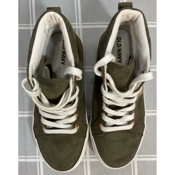 Girls Sz 12 Old Navy Olive &amp; Rose Gold Sparkle &amp; Eyelets Lace up Sneakers Shoes