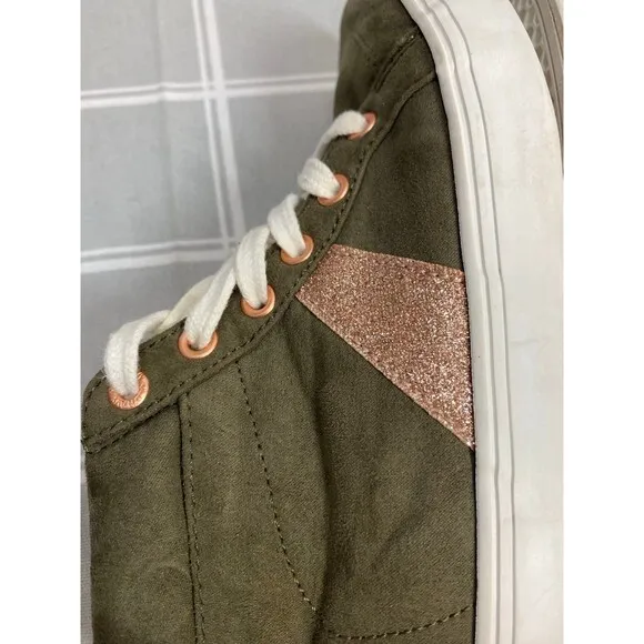 Girls Sz 12 Old Navy Olive &amp; Rose Gold Sparkle &amp; Eyelets Lace up Sneakers Shoes