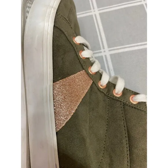 Girls Sz 12 Old Navy Olive &amp; Rose Gold Sparkle &amp; Eyelets Lace up Sneakers Shoes