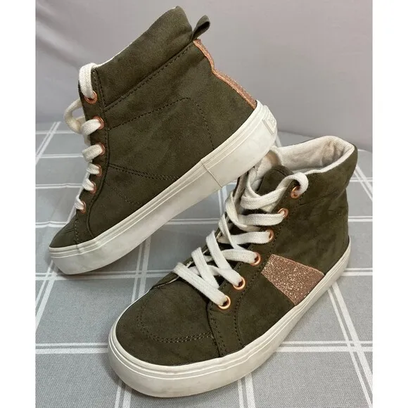 Girls Sz 12 Old Navy Olive &amp; Rose Gold Sparkle &amp; Eyelets Lace up Sneakers Shoes