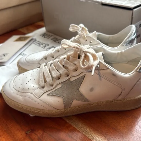 GOLDEN GOOSE Ball Star Canvas and Leather Silver Metallic Sneakers US5 EU35