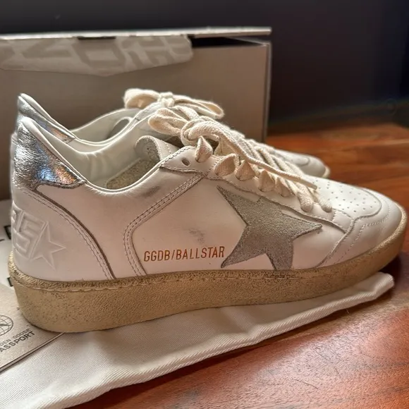 GOLDEN GOOSE Ball Star Canvas and Leather Silver Metallic Sneakers US5 EU35