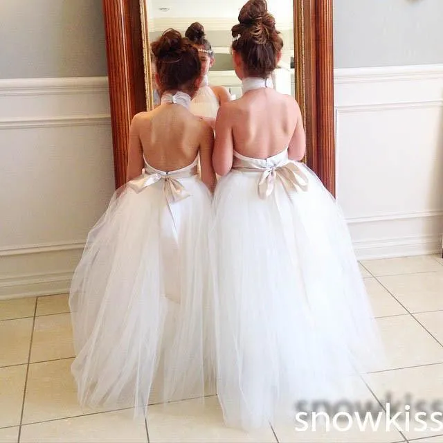 Halter Cute Tulle Fluffy Backless Flower Girl Dresses With Belt, FGY0125