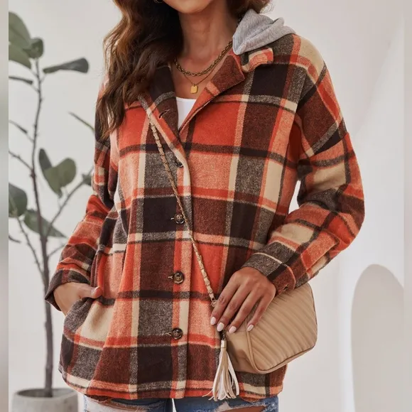 Highland Plaid Button-Up Jacket - Red Orange
