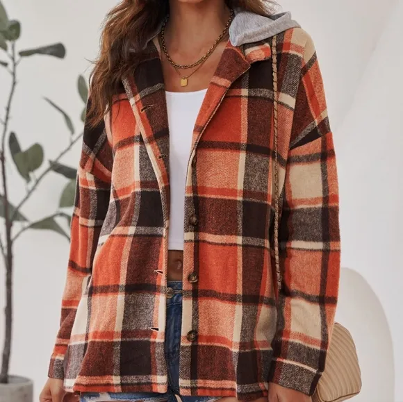 Highland Plaid Button-Up Jacket - Red Orange