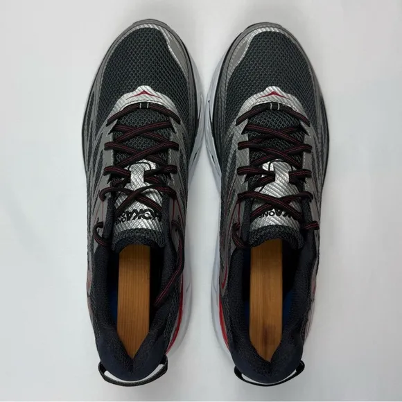 Hoka One Mens Clifton 3 Running Shoes US 11 Silver/Black/Red All Purpose