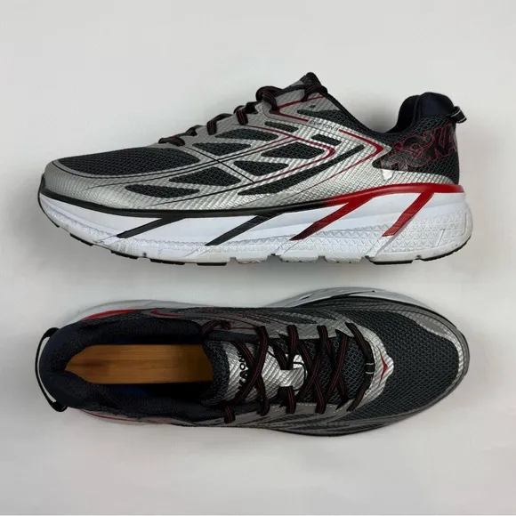 Hoka One Mens Clifton 3 Running Shoes US 11 Silver/Black/Red All Purpose