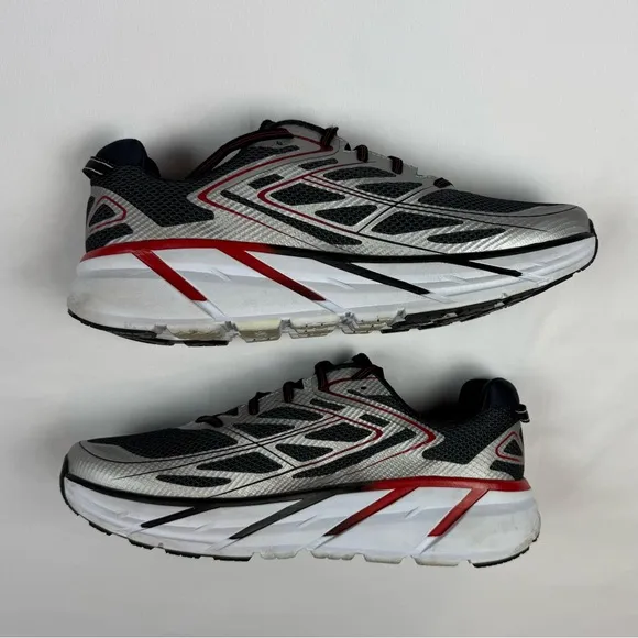 Hoka One Mens Clifton 3 Running Shoes US 11 Silver/Black/Red All Purpose
