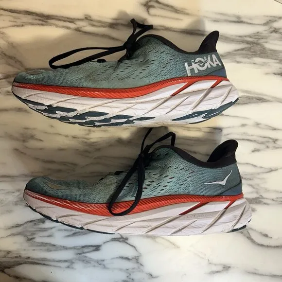 Hoka One One Clifton 8 Mens 11 D Blue Red Running Athletic Shoes Sneakers