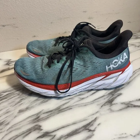 Hoka One One Clifton 8 Mens 11 D Blue Red Running Athletic Shoes Sneakers