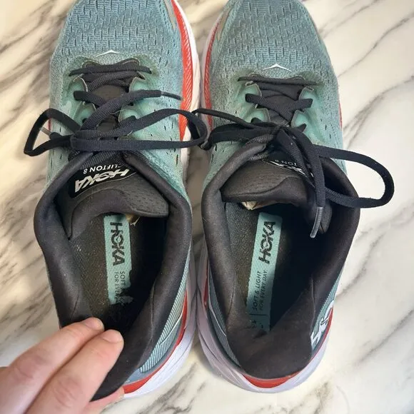 Hoka One One Clifton 8 Mens 11 D Blue Red Running Athletic Shoes Sneakers