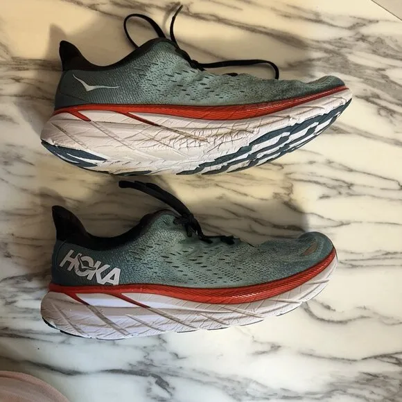 Hoka One One Clifton 8 Mens 11 D Blue Red Running Athletic Shoes Sneakers