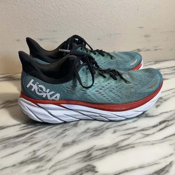 Hoka One One Clifton 8 Mens 11 D Blue Red Running Athletic Shoes Sneakers