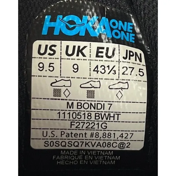 Hoka Shoes Bondi 7 Sneakers 1110518 Black Running Shoes Men's 9.5 Good