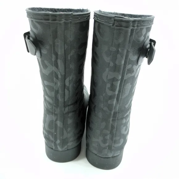 Hunter Boots Original Tall Animal Print Textured Black Faux Fur Insulated Size 8