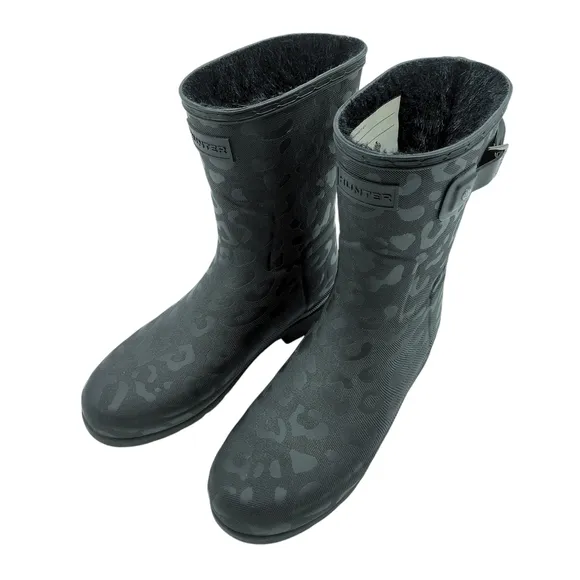 Hunter Boots Original Tall Animal Print Textured Black Faux Fur Insulated Size 8