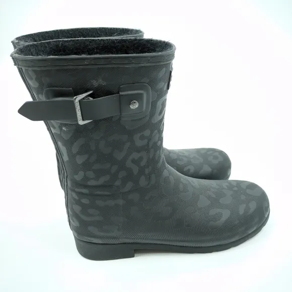 Hunter Boots Original Tall Animal Print Textured Black Faux Fur Insulated Size 8