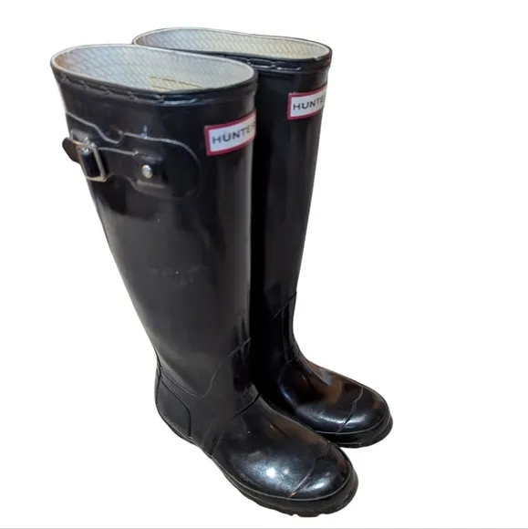 Hunter Original Boots Glossy Black Tall Rubber Rain Waterproof 6 Garden Preppy