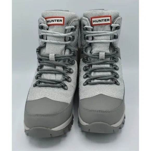 Hunter Womens 7 Glitter Commando Silver Grey Waterproof Insulated Winter Boots