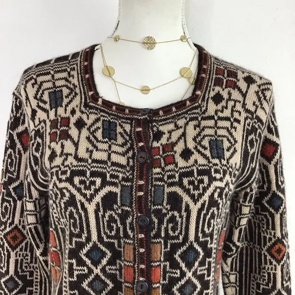 INTIWARA ALPACA WOMEN GREY CREAM COLORFUL DESIGN BUTTON UP WARM SWEATER SIZE S