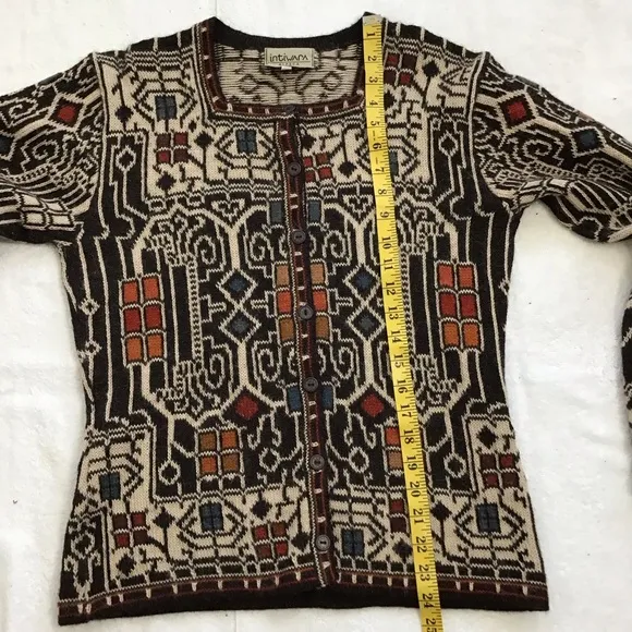 INTIWARA ALPACA WOMEN GREY CREAM COLORFUL DESIGN BUTTON UP WARM SWEATER SIZE S