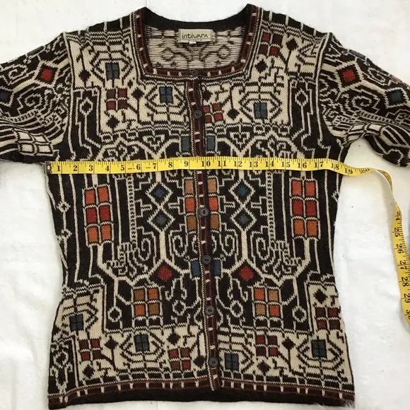 INTIWARA ALPACA WOMEN GREY CREAM COLORFUL DESIGN BUTTON UP WARM SWEATER SIZE S