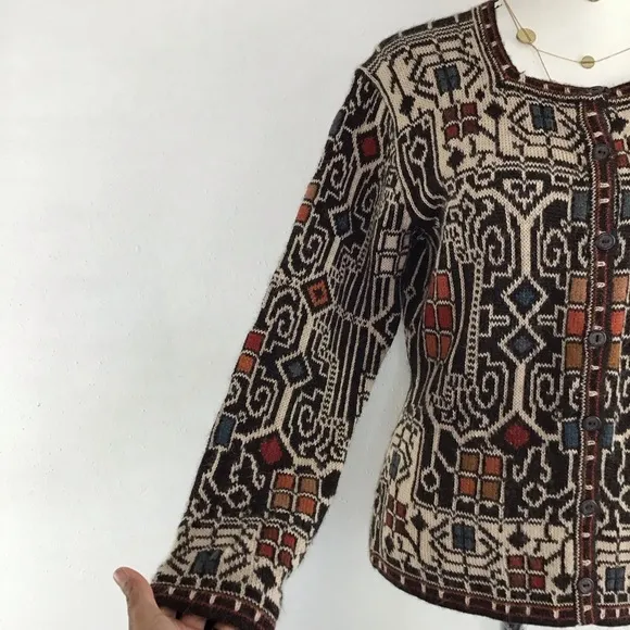 INTIWARA ALPACA WOMEN GREY CREAM COLORFUL DESIGN BUTTON UP WARM SWEATER SIZE S